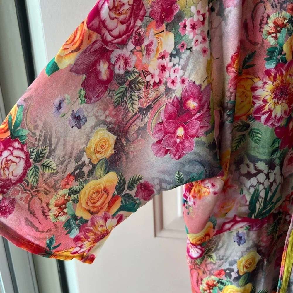 Pink Yellow Roses Flounce Kimono Jacket Robe | Romantic Boho EUC M/L OS? #1479
